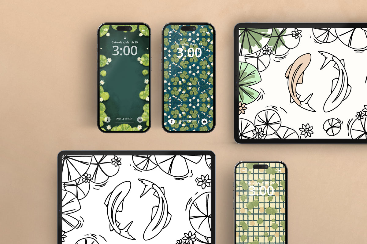 set of digital downloads in iPhones and iPads including wallpapers and a digital download of a coloring versions of this months postcard design