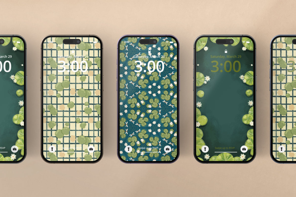 Set of five phone screens with hand made wallpaper designs by Vanessa Saleh for Peachy Parcels mail club this is delivered to you as soon as you make your purchase as a digital download goodie 