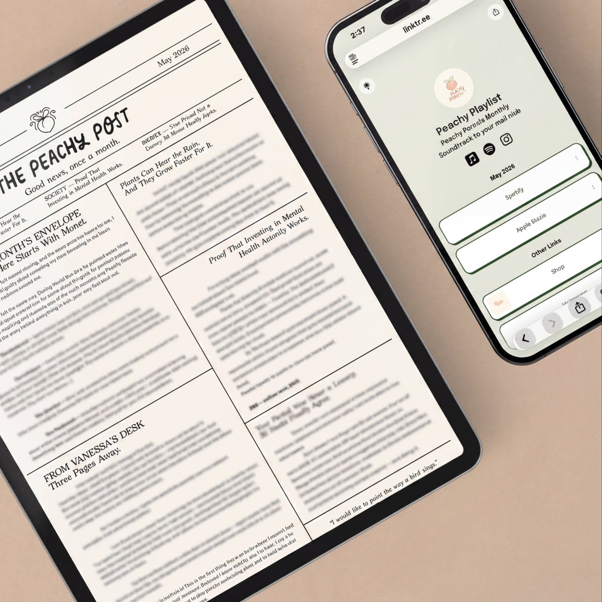 iPad and iPhone displaying the digital version of Peachy Parcels Mail Club and then a phone with the playlist that is included as a digital or barcode 